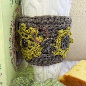 Steampunk Crochet Coffee Sleeve || Cup Cozie || Drink Cozy || Reusable Beverage Cover || Custom Gift || Choose Your Color. Bit o’ Raspberry