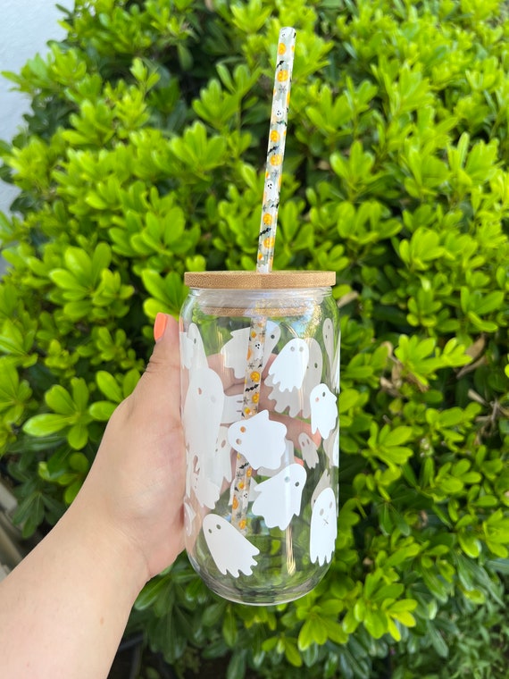 16 Oz Floral Ghost Glass Cup With Lid and Straws Clear or Frosted Glass  Halloween Ghost and Flowers 