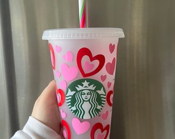 retro red and pink hearts starbucks cup/ groovy starbucks cup/ valentines starbucks cup/ customized hearts starbucks cup