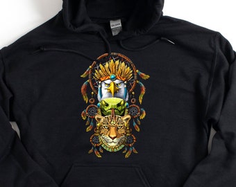 Ureinwohner Traumfänger Hoodie, Azteker Jaguar Hoodie, Altes Maya Sweatshirt, Spirituelle Azteken Kleidung, Azteken Kleidung, Azteken Kleid