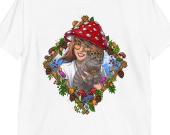 Camiseta de gato con hongos, camiseta hippie cottagecore, camisetas con hongos, camiseta con bosque, camiseta con naturaleza, ropa goblincore, camiseta con hongos, ropa de recolección de alimentos