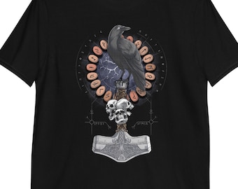 Norse Viking Warrior T-Shirt, Hammer Shirt, Nordic Raven Mythology God Tee, Scandinavian Pagan Runes Clothing, Celtic Compass Symbol Clothes
