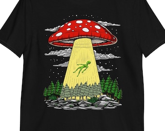 Maglietta con rapimento alieno con funghi, maglietta con funghi psichedelici, maglietta UFO, abbigliamento alieno, abbigliamento psichedelico, abbigliamento con funghi, abbigliamento alieno
