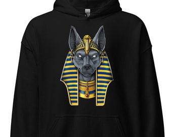 Pode incluir: Hoodie preto com um gráfico de um chacal Anubis usando um turbante de faraó dourado e azul.