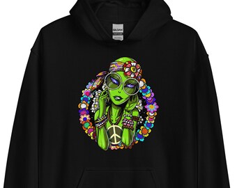 Sudadera con capucha hippie alienígena, sudadera con capucha floral, sudadera con capucha con flores, ropa floral, ropa hippie, ropa alienígena, ropa hippie, sudadera con capucha botánica