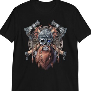Viking Warrior Skull T-Shirt, Norse Mythology Tee, Nordic Shirt, Pagan Clothing, Viking Axe Runes Outfit, Viking Clothes, Norse Clothing