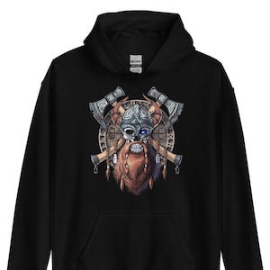Viking Warrior Skull Hoodie, Norse Mythology Hoodie, Nordic Pagan Clothing, Viking Runes Outfit, Scandinavian Clothes, Norse Clothes