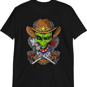 Alien Cowboy T-Shirt, Mens Alien Tee, Unisex Alien Shirt, Funny Alien Clothing, Alien Clothes, Alien Apparel, Extraterrestrial Alien Outfit