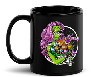 Alien Black Coffee Mug, Hippie Coffee Mug, Alien Mug, Floral Mug, Flowers Mug, Alien Coffee Cup, Hippie Gifts