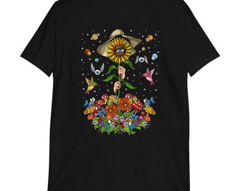 Psychedelisch hippie zonnebloem T-shirt, T-shirt met bloemen en planten
