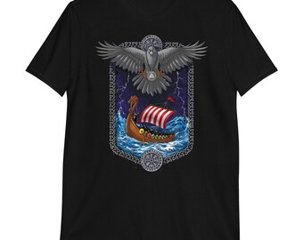 Norse Viking Ship T-Shirt, Pagan Mythology Raven Runes Tee