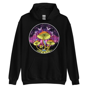 May include: Black hooded sweatshirt with a psychedelic illustration of mushrooms and butterflies in a forest setting.