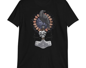 Norse God Odin Hammer T-Shirt, Viking Warrior Raven Tee