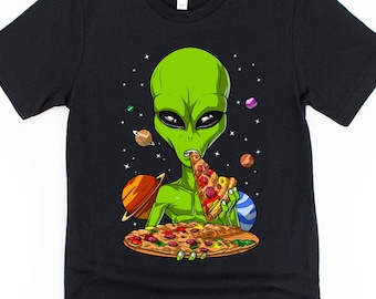 Alien Eating Pizza Shirt - Space Alien Tee - Mens Alien Shirt - Alien Clothes - Alien Clothing - Funny Alien Apparel - Alien Outfit