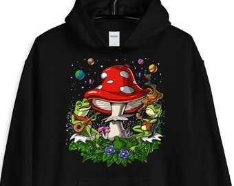 Mushroom Frogs Hoodie, Forest Mushroom Sweatshirt, Cottagecore Hoodie, Psychedelic Hoodie, Forest Clothing, Forest Clothes, Frogs Sweatshirt