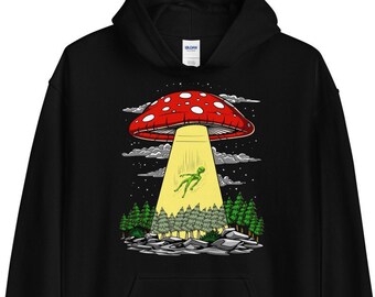 Sudadera con capucha de hongos y abducción alienígena, sudadera con capucha hippie psicodélica, sudadera con capucha de ovni alienígena, ropa hippie con hongos, ropa con hongos, ropa con hongos