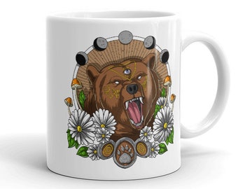 Psykedelisk björnmugg, skogsbjörnmugg, kaffekopp med skogsblommor, naturmugg, blomstermugg, blommig mugg, björnkaffekopp, presenter till björnälskare
