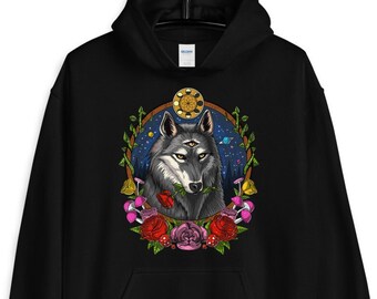 Psychedelic Wolf Hoodie - Moon Phases Hoodie - Forest Animal Hoodie - Wolves Sweatshirt - Psychedelic Clothing - Wolf Clothes - Wolf Outfit