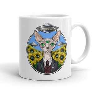 Psychedelic Sphynx Cat Mug, Hairless Cat Mug, Sunflowers Mug, Alien Mugs, UFO Coffee Mug, Hairless Cat Cup, Sphynx Cat Gift