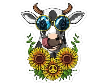Cow Sunflowers Sticker - Hippie Stickers - Cute Cow Sticker - Floral Hippie Decals - Hippie Decal - Cow Lover Gifts