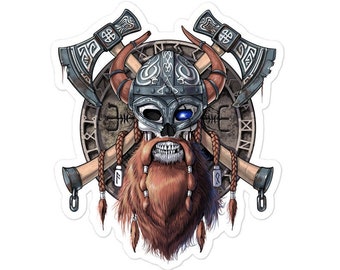 Viking Warrior Skull Sticker - Norse Mythology Stickers - Nordic Pagan Sticker - Viking Axe Runes Decal - Scandinavian Decals - Norse Gifts