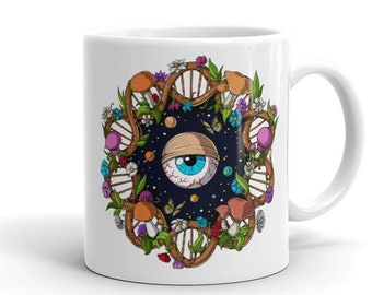 Psychedelic DNA Mushrooms Mug, Mushroom Coffee Mug, Forest Fungi Mug, Nature Cup, Trippy Coffee Mug, Floral Botanical Mug, Botany Mugs