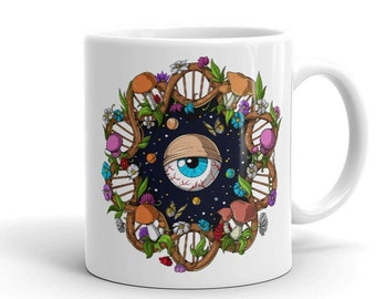 Tazza di funghi DNA psichedelico, tazza di caffè di funghi, tazza di funghi della foresta, tazza di funghi, tazza di caffè Trippy, tazza hippie floreale, regalo di funghi