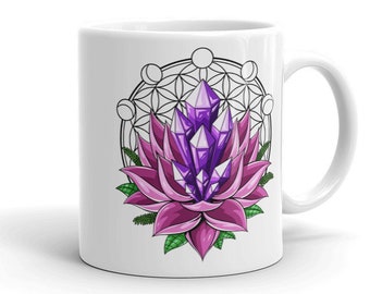 Lotus Crystals Mug - Zen Yoga Coffee Mug - Sacred Geometry Mug - Flower Of Life Mug - Spiritual Mug - Zen Womens Cup - Hippie Floral Mug