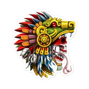 Aztec Skull Warrior Sticker, Aztec Serpent Sticker, Quetzalcoatl Aztec God Stickers, Aztec Mayan Sticker, Aztec Decals, Aztec Gifts