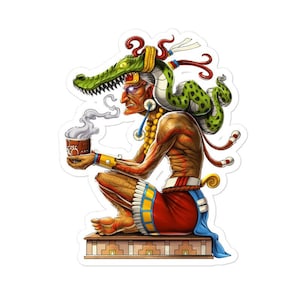 May include: A colourful illustration of a Mayan deity with a crocodile head and a green serpent headdress. The deity is sitting on a platform and holding a cup of steaming liquid.