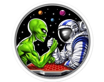 Space Alien Arm Wrestling Sticker, Astronaut Sticker, Funny Alien Decal, Extraterrestrial Vinyl Sticker, Arm Wrestling Lover Gifts