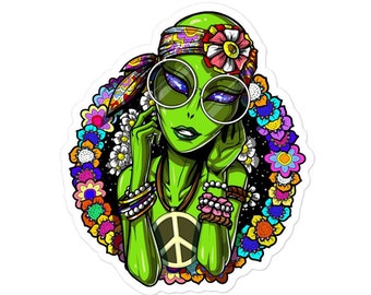 Alien Hippie Vinyl Sticker - Hippie Floral Sticker - Hippie Decals - Hippie Gifts - Alien Lover Gifts