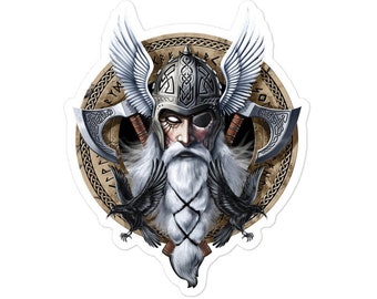 Pegatina de guerrero vikingo nórdico - Pegatina de cuervos de dios de la mitología nórdica - Calcomanías paganas escandinavas - Pegatina de hacha vikinga - Idea de regalo nórdica