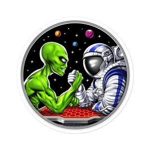 Pegatina de lucha de brazos de extraterrestre espacial, pegatina de astronauta, calcomanía divertida de extraterrestre, pegatina de vinilo extraterrestre, regalos para amantes de la lucha de brazos