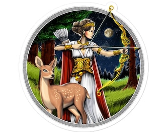 Pegatina de la diosa griega Artemisa, pegatina de la antigua Grecia, pegatina de la mitología griega, pegatina de la deidad griega, regalos de la mitología griega, calcomanía de Artemisa