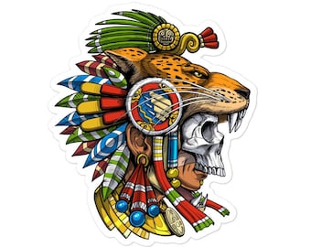 Aztec Jaguar Warrior Mask Sticker - Aztec Skull Stickers - Native Mexican Stickers - Mythology Decal - Ancient Mayan Civilization Gifts