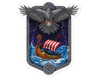 Norse Viking Ship Sticker - Nordic Mythology Raven Sticker - Scandinavian Warrior Decals - Pagan Decals - Viking Runes Sticker - Norse Gifts