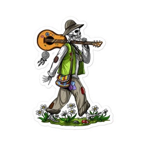 Sticker skelet hippie, psychedelische stickers, bosstickers, vinylstickers gitaarspeler, sticker gitarist, stickers gitarist, stickers gitarist, hippiecadeau