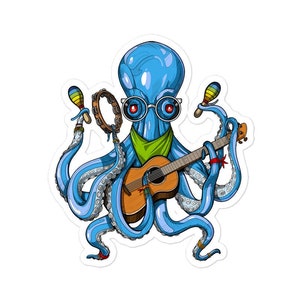 Vinylsticker octopus, sticker hippie, stickers octopus, stickers hippie, sticker akoestische gitaar, stickers gitaarspeler, grappig hippiecadeau
