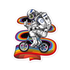 Adesivo de astronauta psicodélico andando de bicicleta - Adesivos de astronauta - Adesivo psicodélico - Adesivo de espaço cósmico - Adesivos engraçados de astronauta
