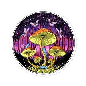 Adesivo foresta di funghi, adesivo psichedelico, adesivi funghi, adesivi funghi, adesivo micologia, adesivo foraggiamento, adesivi cottagecore
