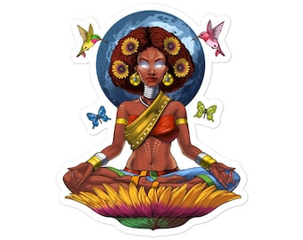 May include: A woman with brown hair and a blue and white background sits in a lotus position on a sunflower. She is wearing a yellow and orange top and a blue skirt. There are butterflies and hummingbirds around her.