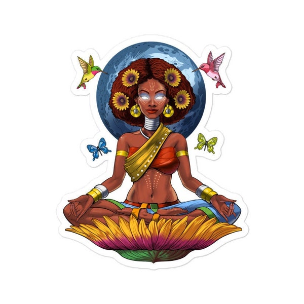 Afro American Hippie Yoga Sticker - African Woman Decal - Black Girl Meditation Spiritual Decals - Afrocentric Stickers - Black History Gift
