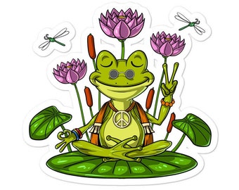 Frog Hippie Sticker, Zen Yoga Meditation Sticker, Namaste Peace Decal, Lotus Flowers Sticker, Nature Floral Sticker, Frog Gifts