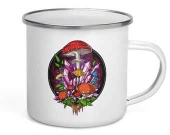 Forest Mushrooms Camping Enamel Mug, Nature Campfire Mug, Fungi Camping Coffee Cup, Hippie Travel Mug, Botanical Mug, Botany Camper Gift