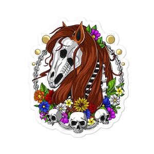 Horse Skull Floral Sticker, Psychedelic Skeleton Sticker, Forest Flowers Decals, Spiritual Nature Vinyl Sticker, Botanical Stickers
