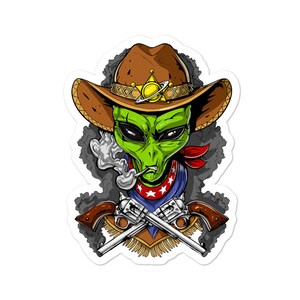 Sticker cowboy extraterrestre spatial - Sticker vinyle OVNI - sticker Alien drôle - cadeau Alien Lover - extraterrestre - science-fiction - cadeau Alien pour garçons