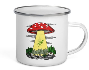 Mushrooms Camping Enamel Mug, Alien Abduction Campfire Mug, Psychedelic Camping Coffee Cup, UFO Travel Mug, Hiker Camper Gifts, Mushroom Mug
