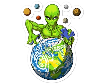 Space Alien Vinyl Sticker - Space UFO Decals - Extraterrestrials Gifts - Alien Lover Gifts - Cosmic Planet Earth Sticker - Science Fiction