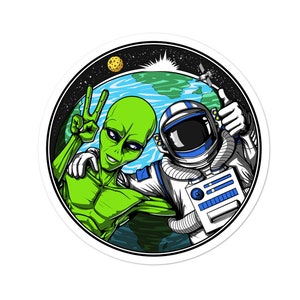 Pegatina de paz hippie extraterrestre - Pegatina de astronauta - Calcomanía divertida de extraterrestre - Pegatina de vinilo extraterrestre OVNI - Pegatina de galaxia cósmica